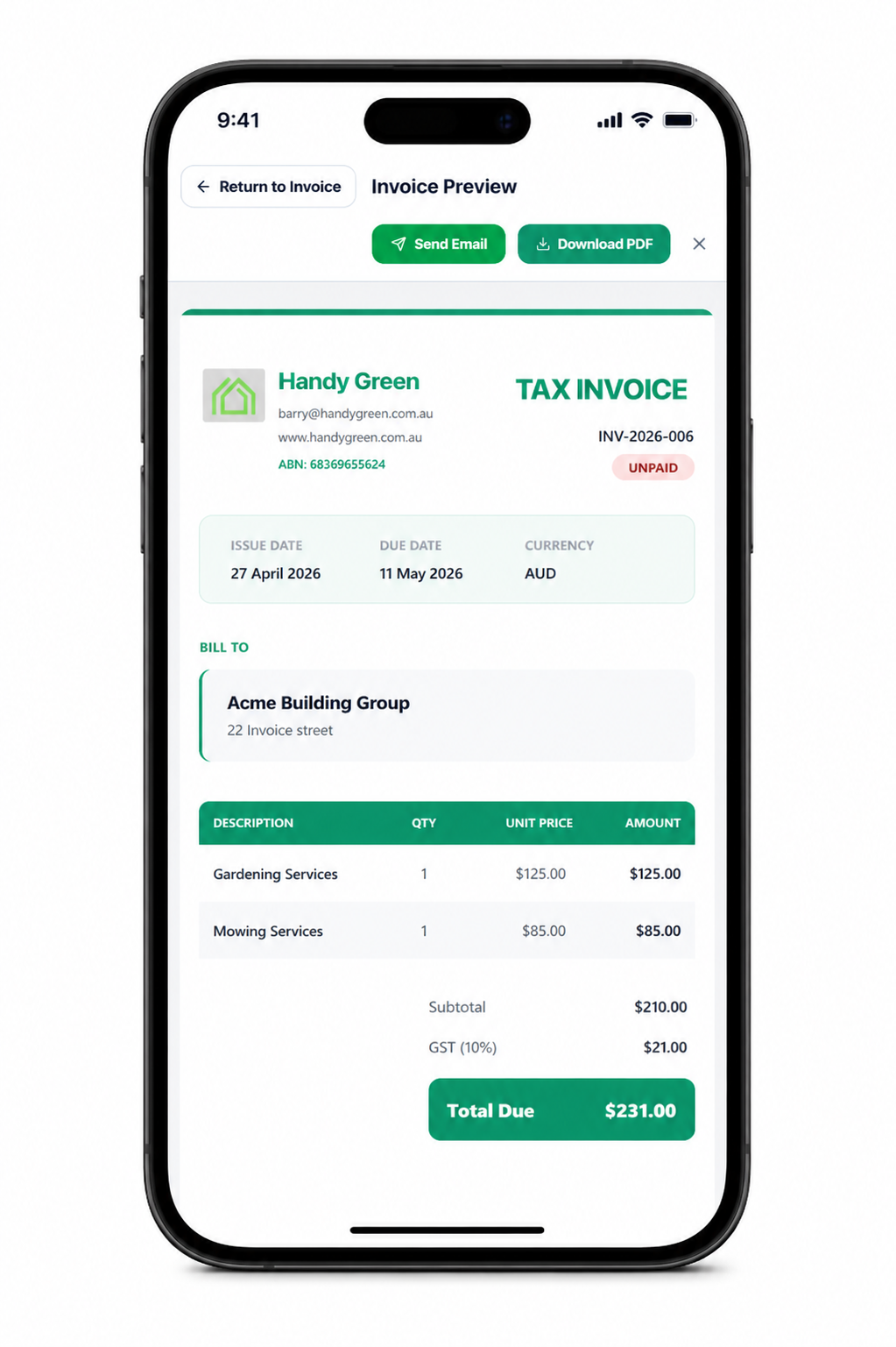 Safe Billing invoice preview on a mobile phone